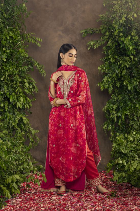 Fuchsia orange floral printed straight suit